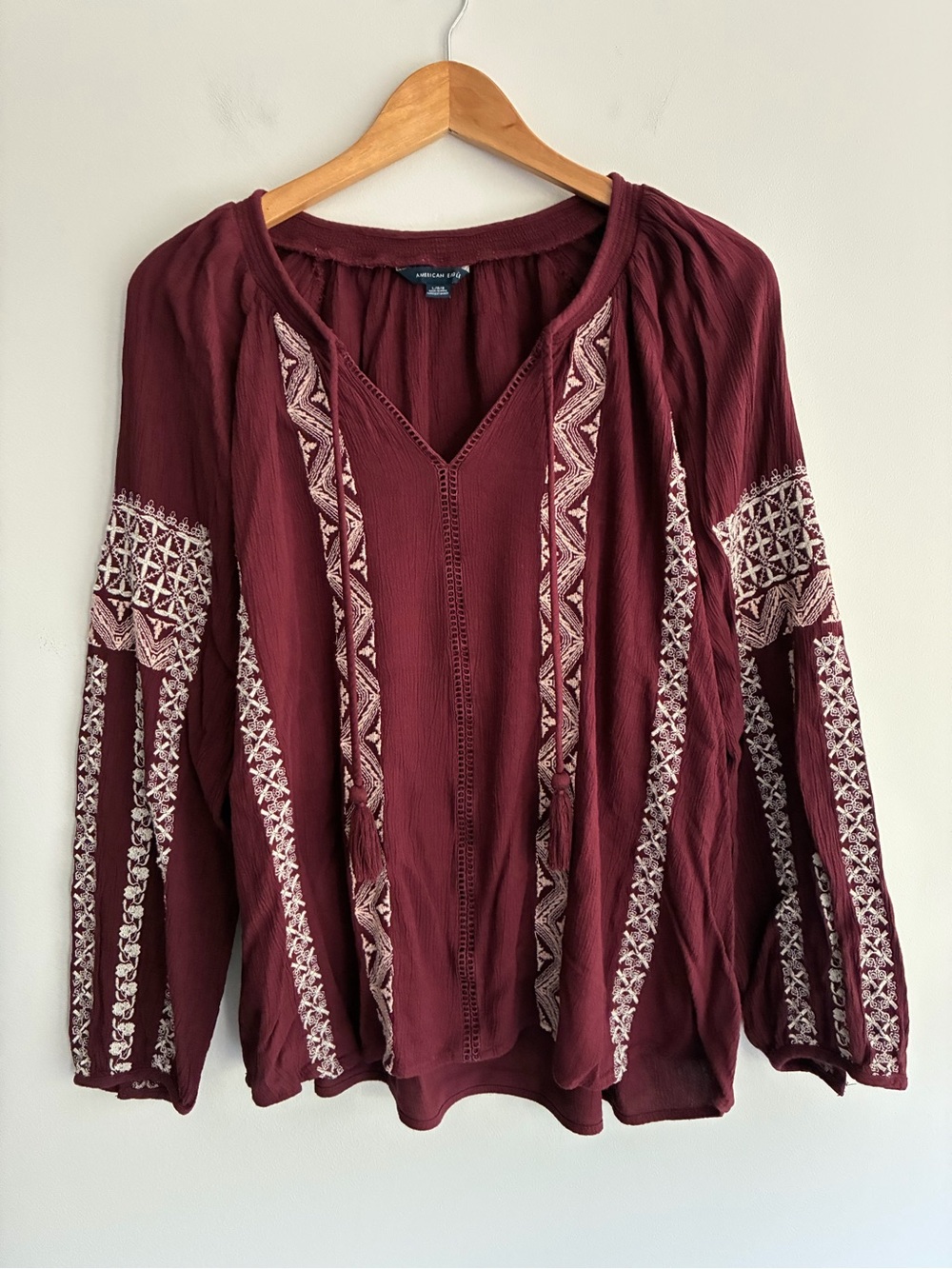 American Eagle Burgundy Boho Embroidered V-Neck Tunic Long Sleeve Top Large